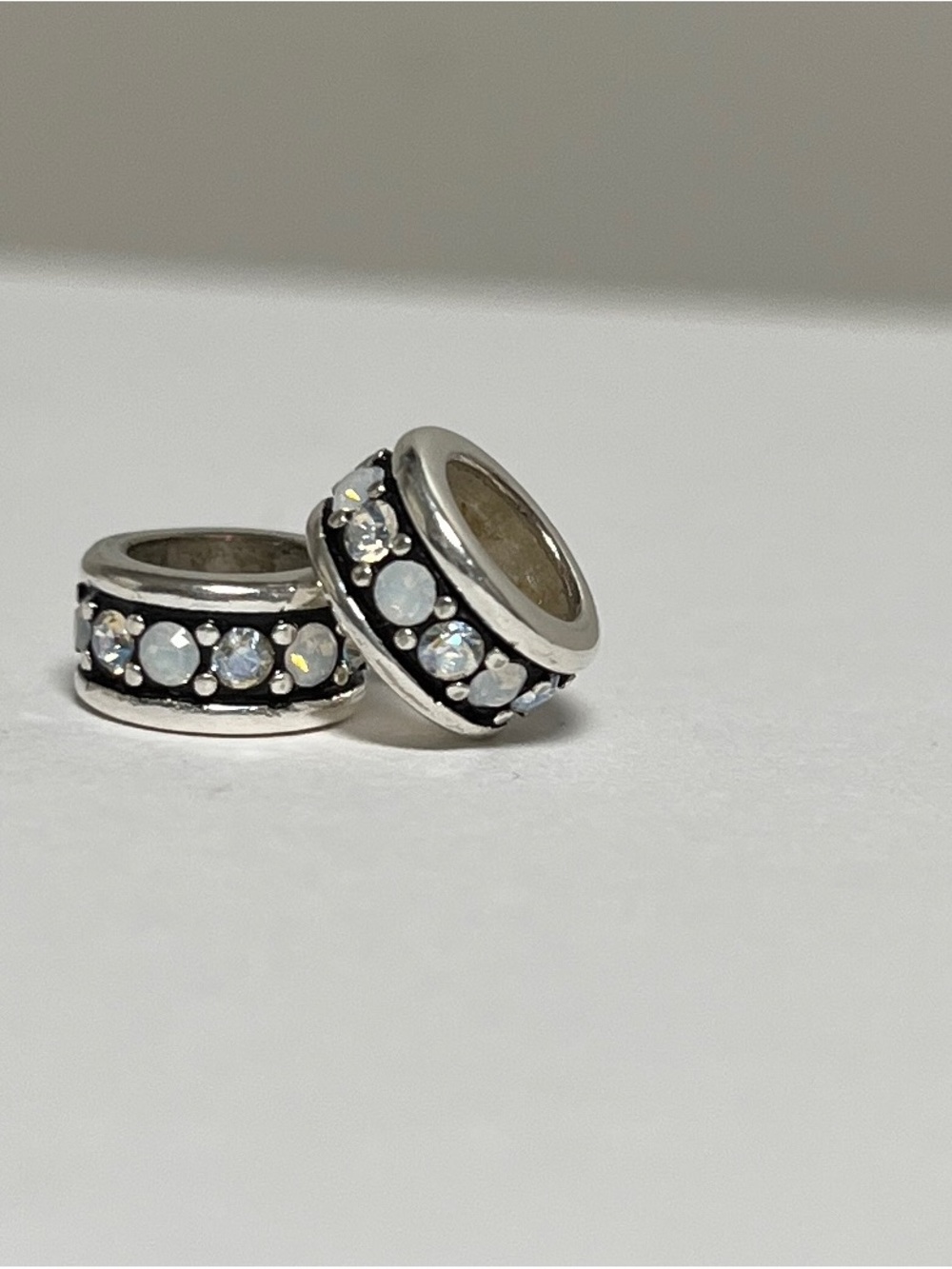 Silver Crystal Rondelle Bead - White Opal Stones